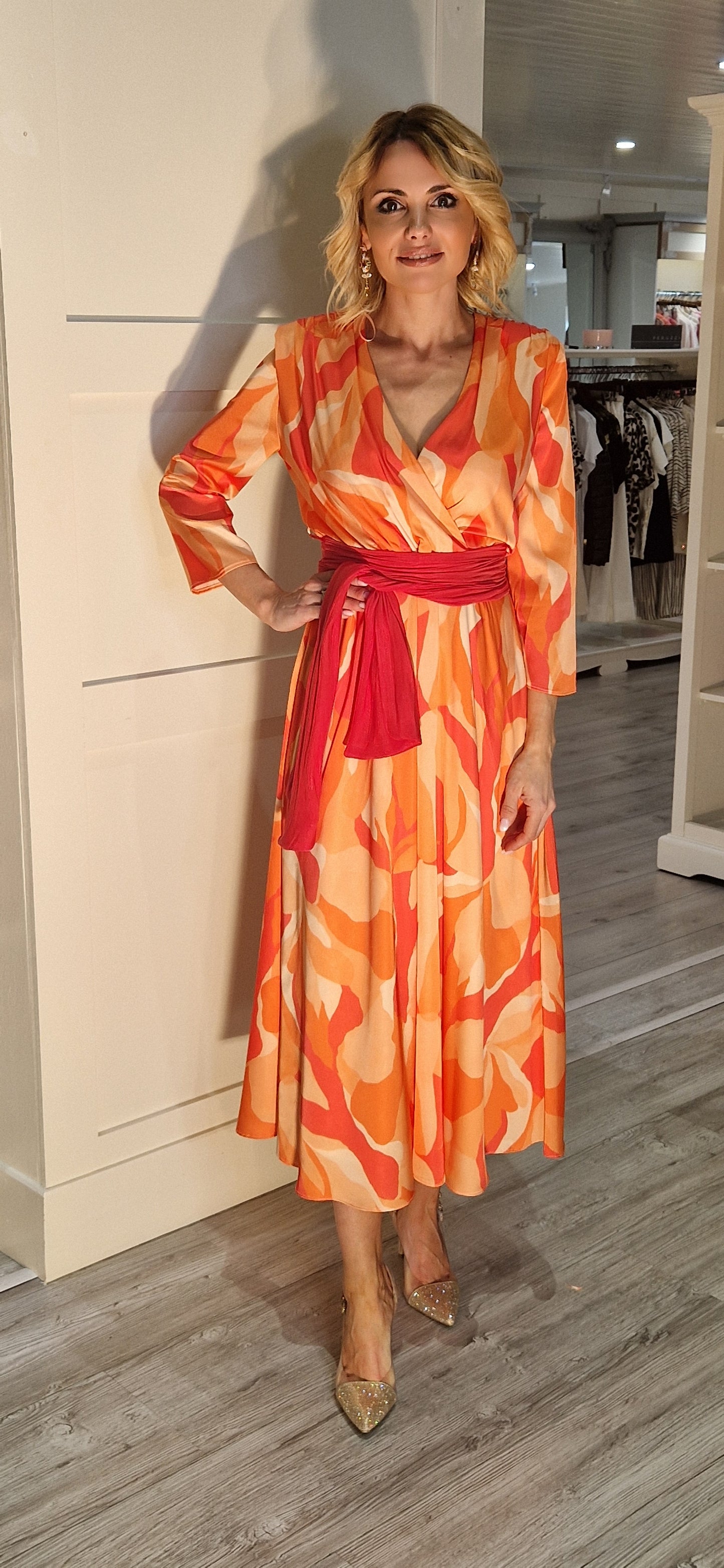 Orange And Rose Red Midi Dress