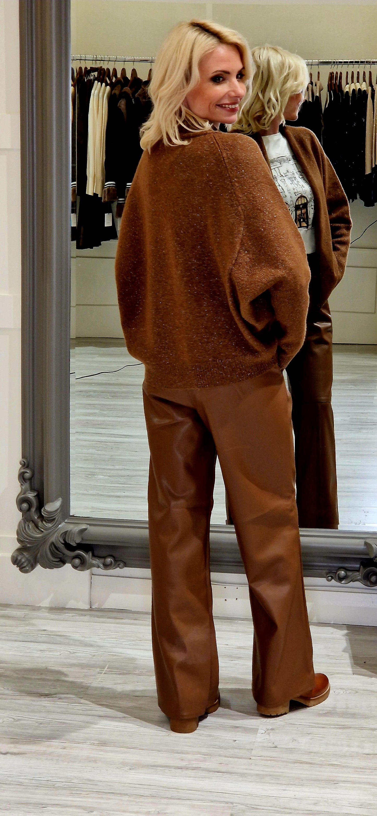 Brown Cognac Straight Leg Trousers In Leatherlook