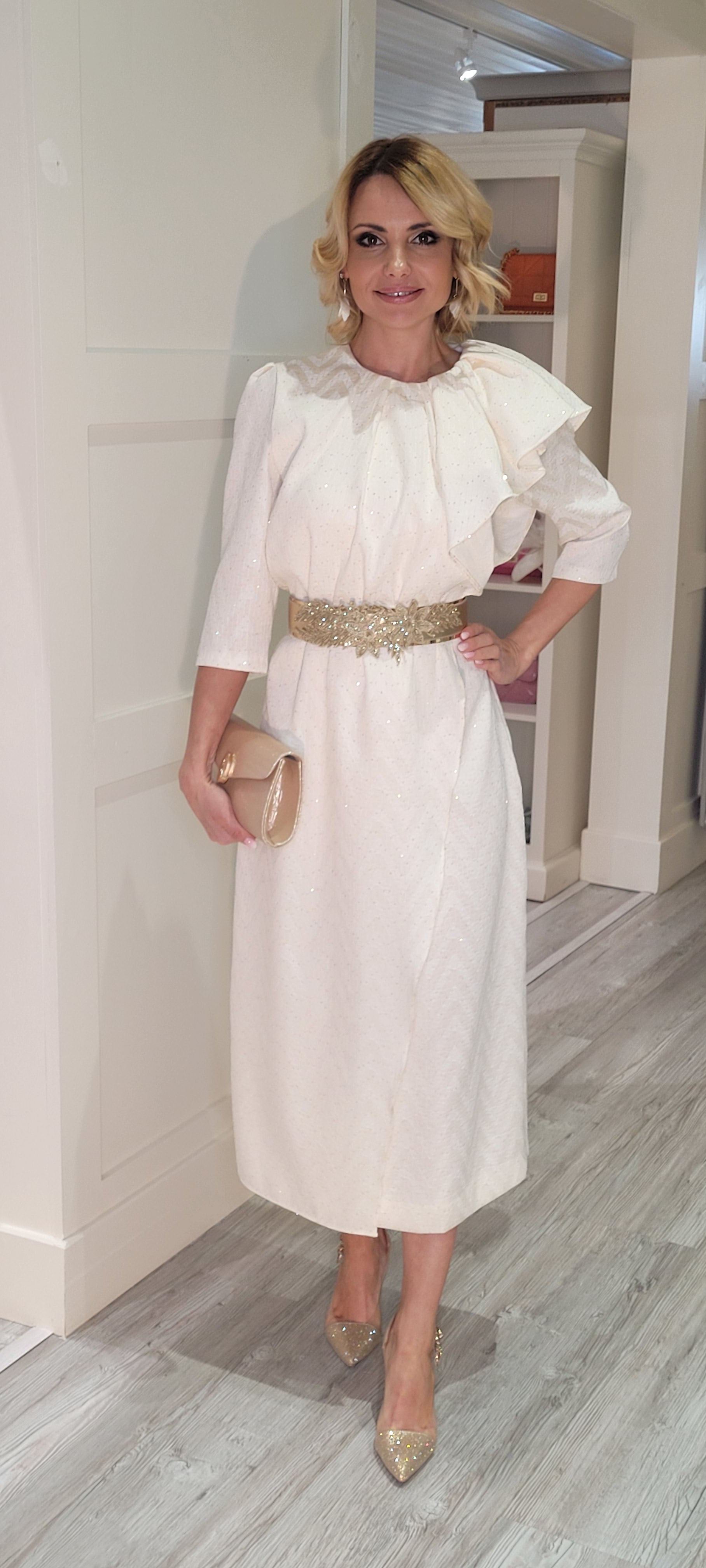 Vanilla With Gold Sparkle Midi Dress Style Kloset Boutique Galway Vanilla With Gold Sparkle Midi Dress Style Kloset Boutique Galway