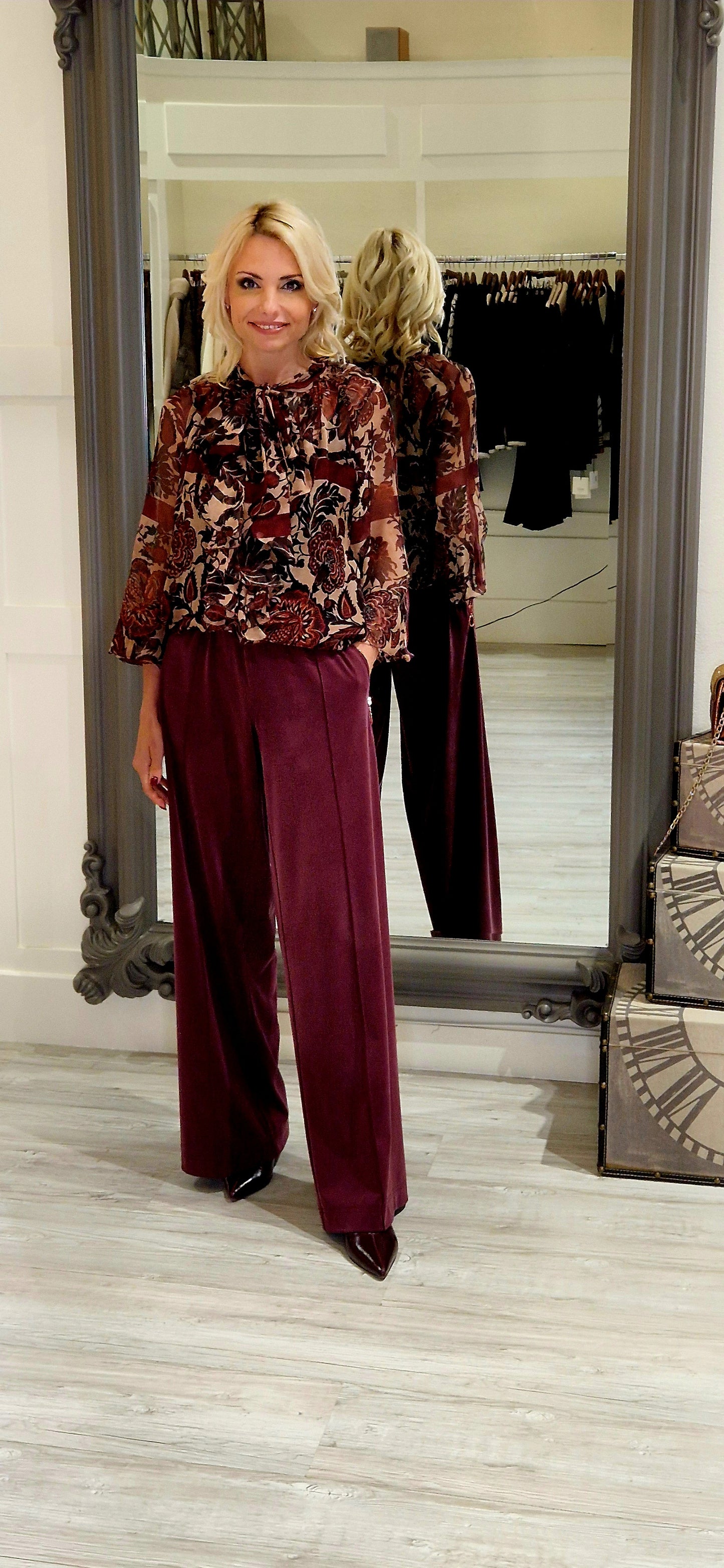 Burgundy Camel And Black Blouse