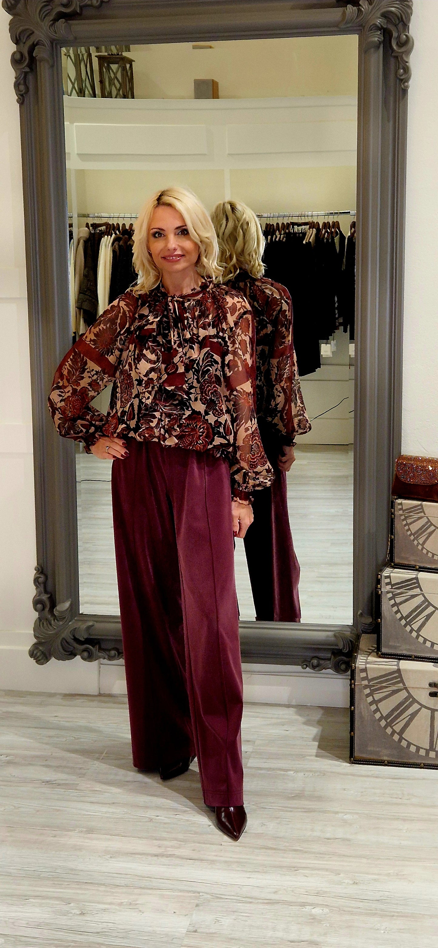 Burgundy Camel And Black Blouse