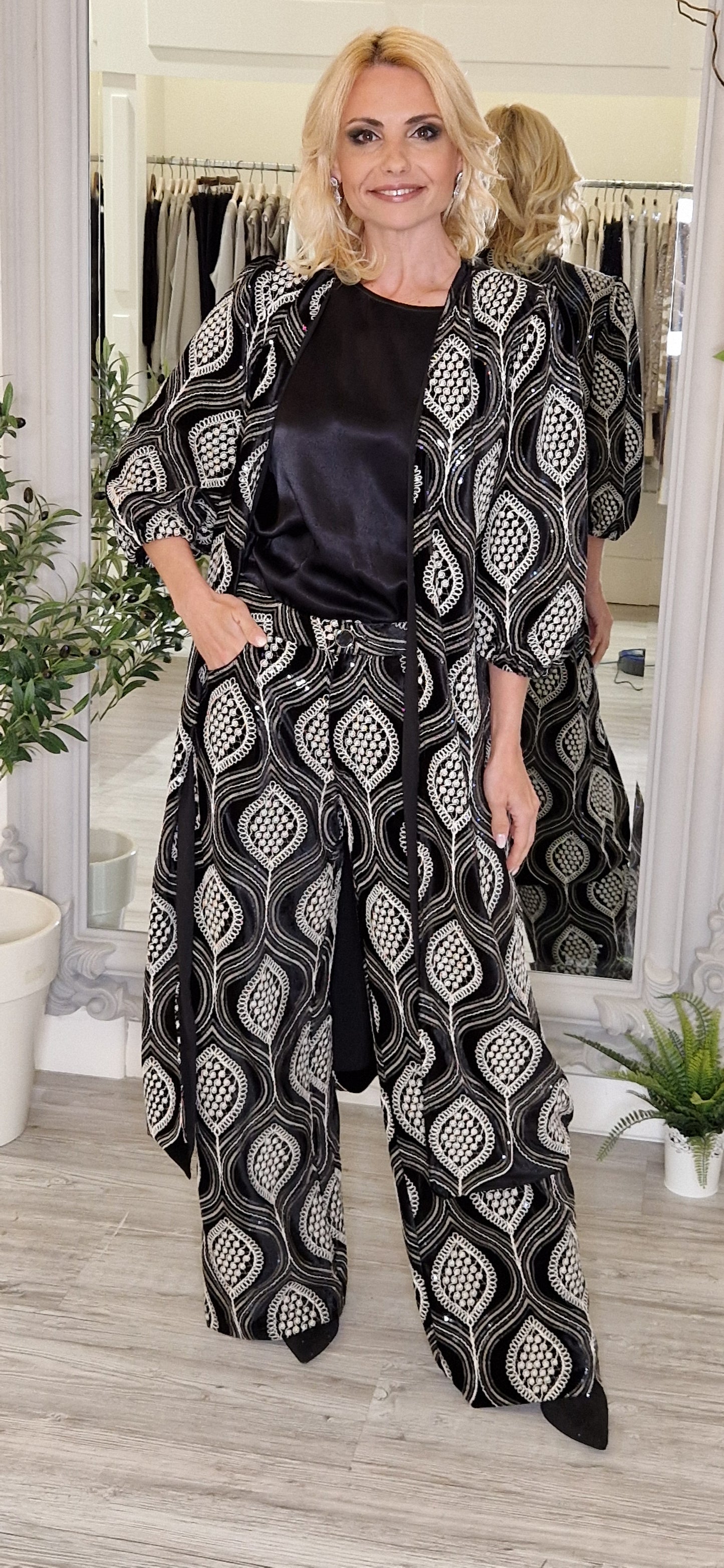 Black And Ivory Sequins Coat