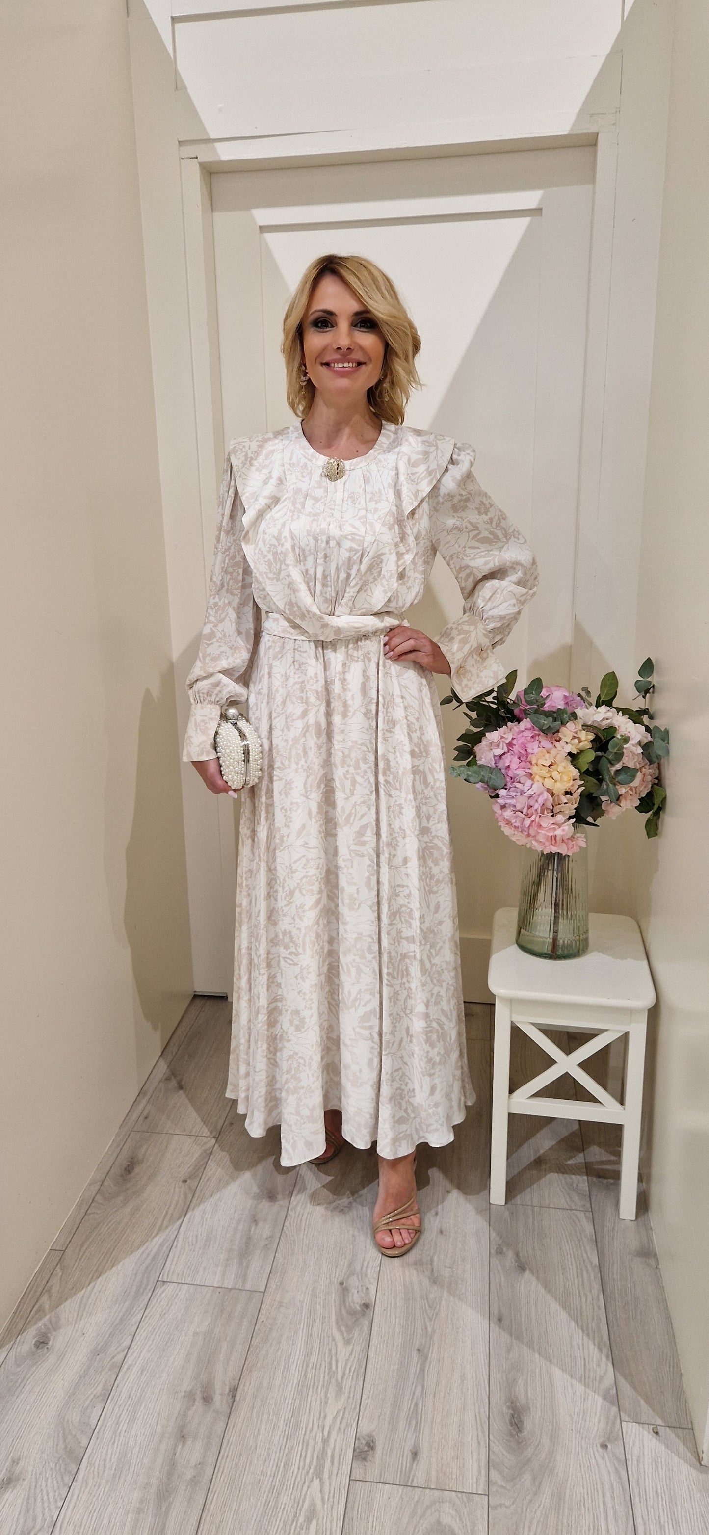 Cream And Gold Ruffle Midi Dress