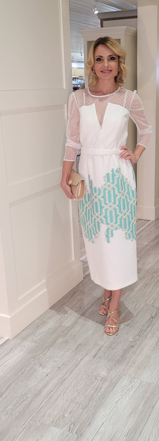 White And Turquoise Midi Dress
