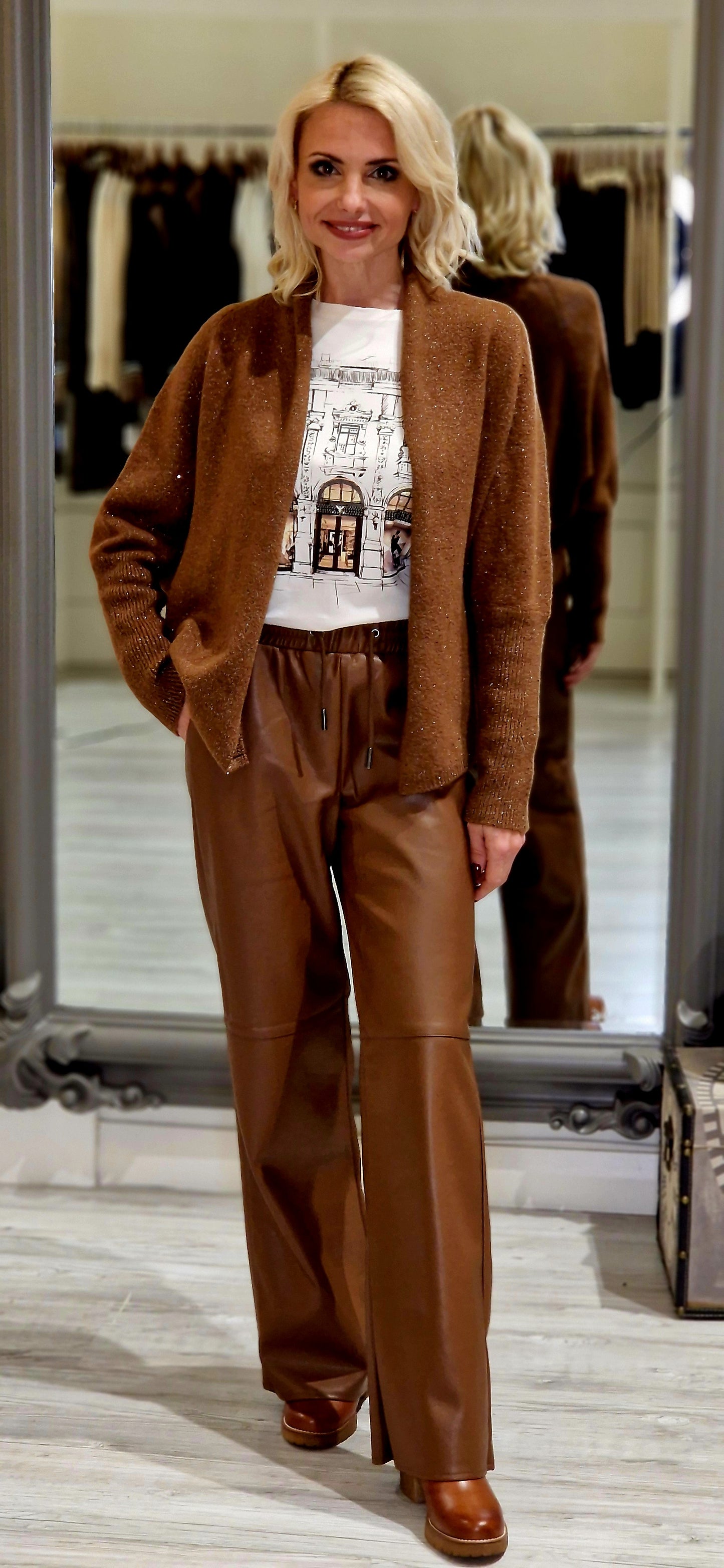 Brown Cognac Straight Leg Trousers In Leatherlook