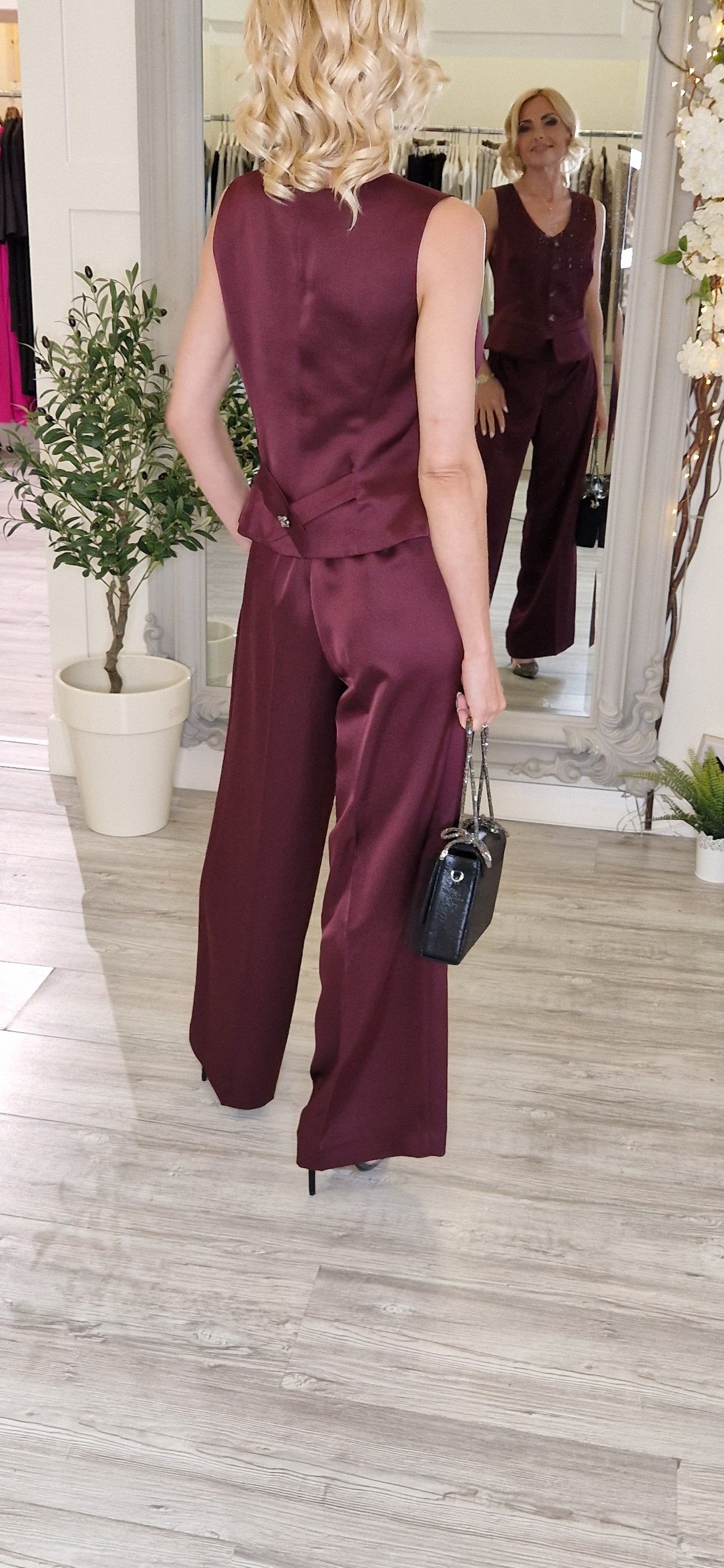 Burgundy Satin Look Palazzo Trousers