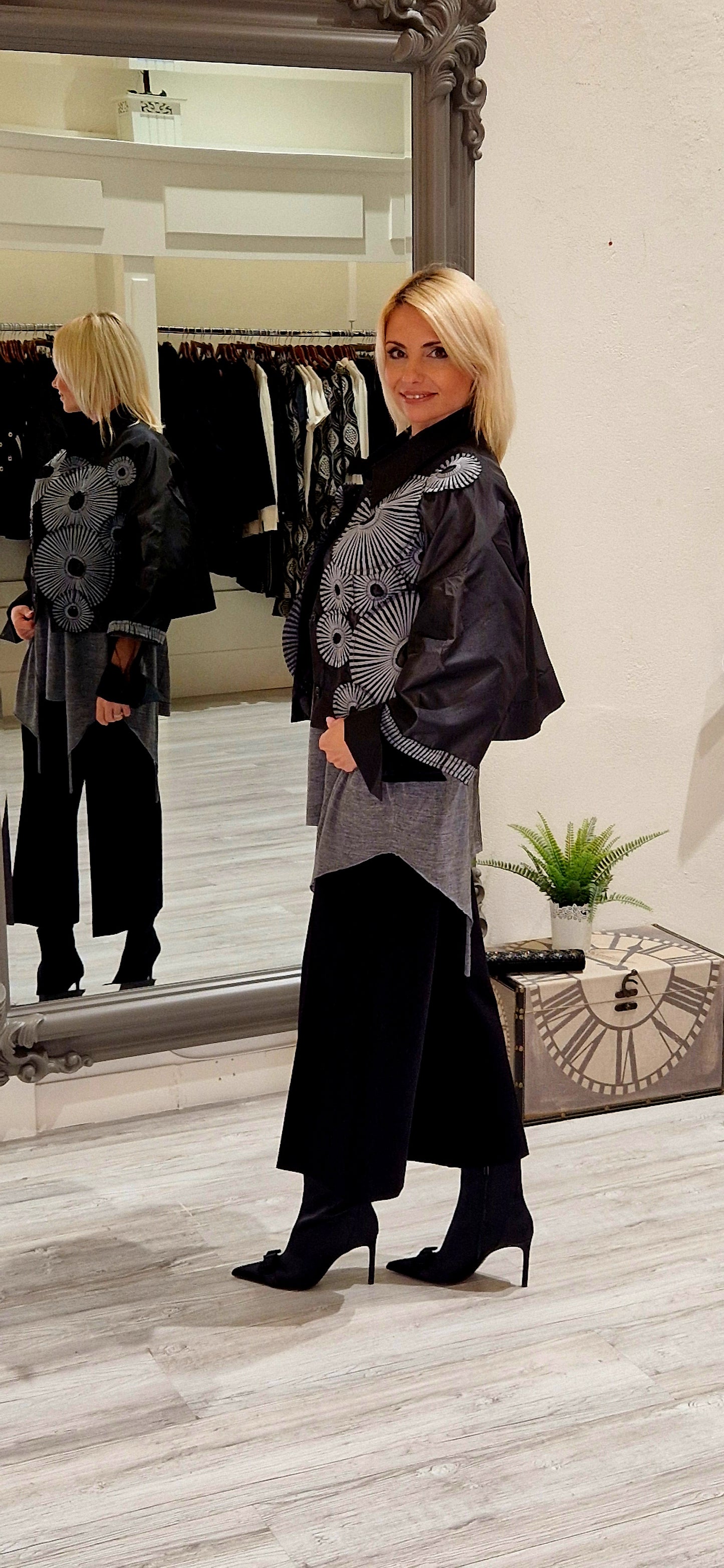 Black And Grey Taffata Crop Jacket