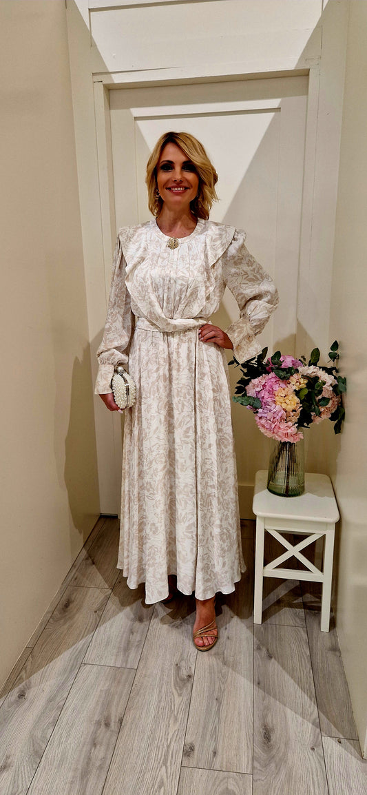 Cream And Gold Ruffle Midi Dress