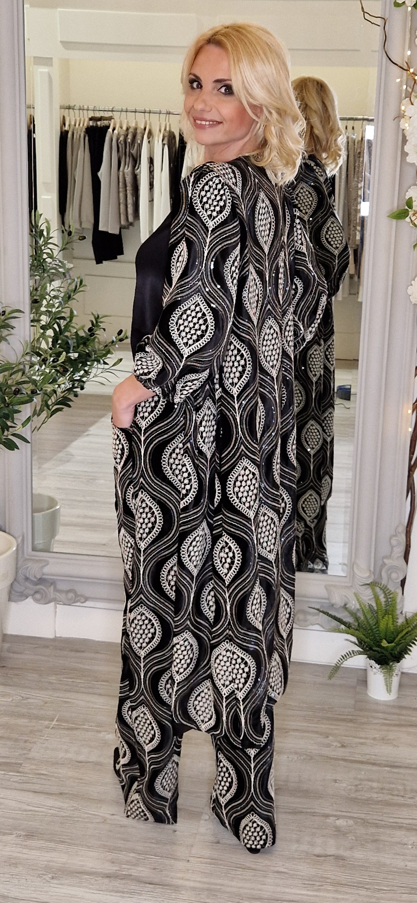 Black And Ivory Sequins Coat
