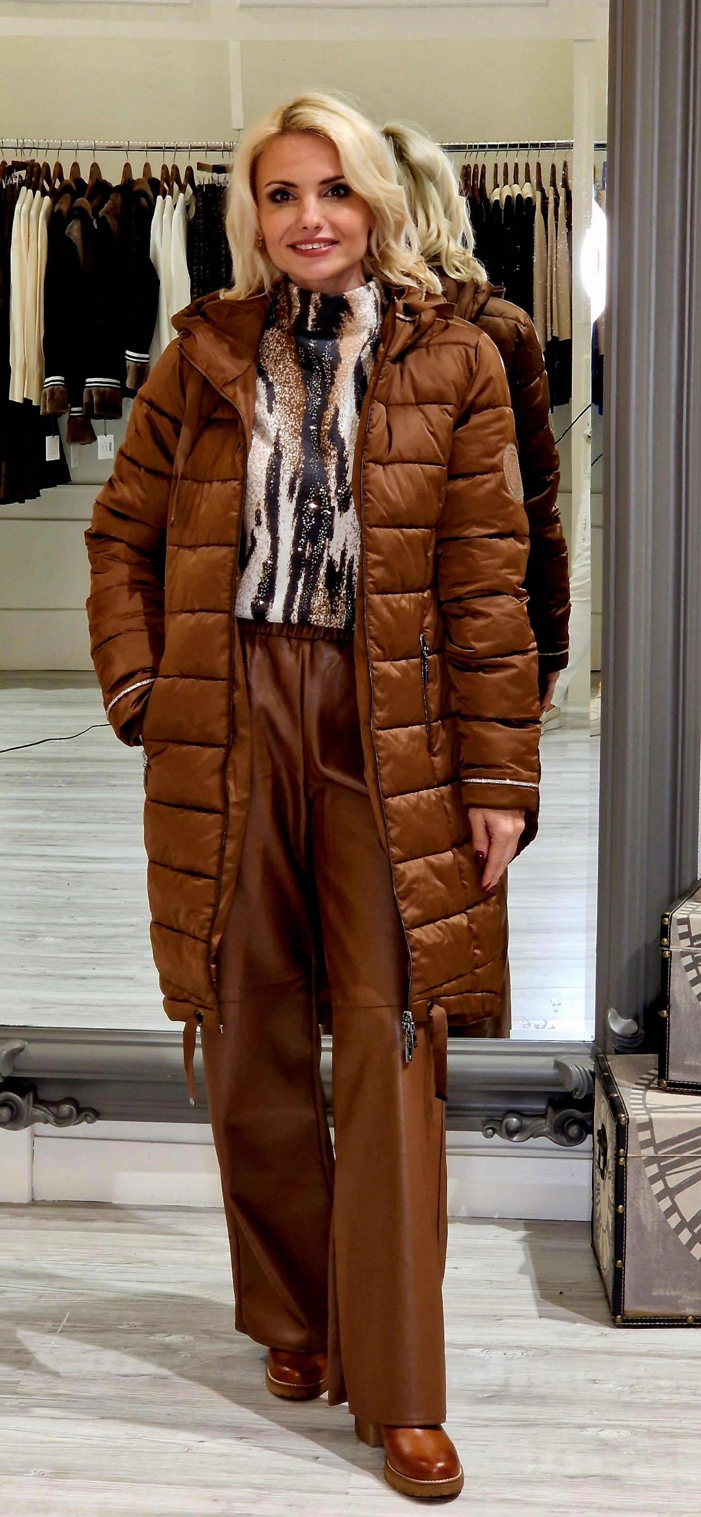 Whisky Quilted Coat With Patch