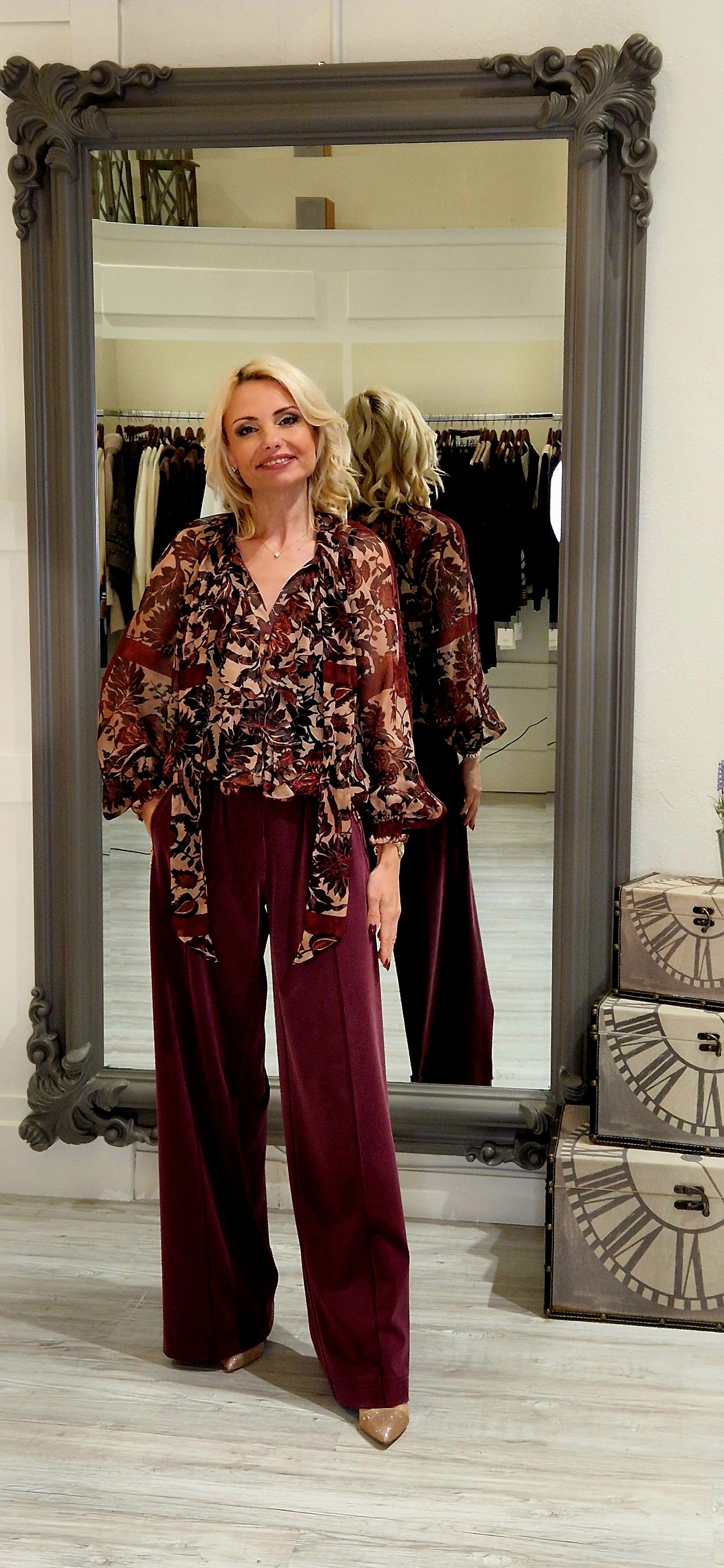 Burgundy Camel And Black Blouse