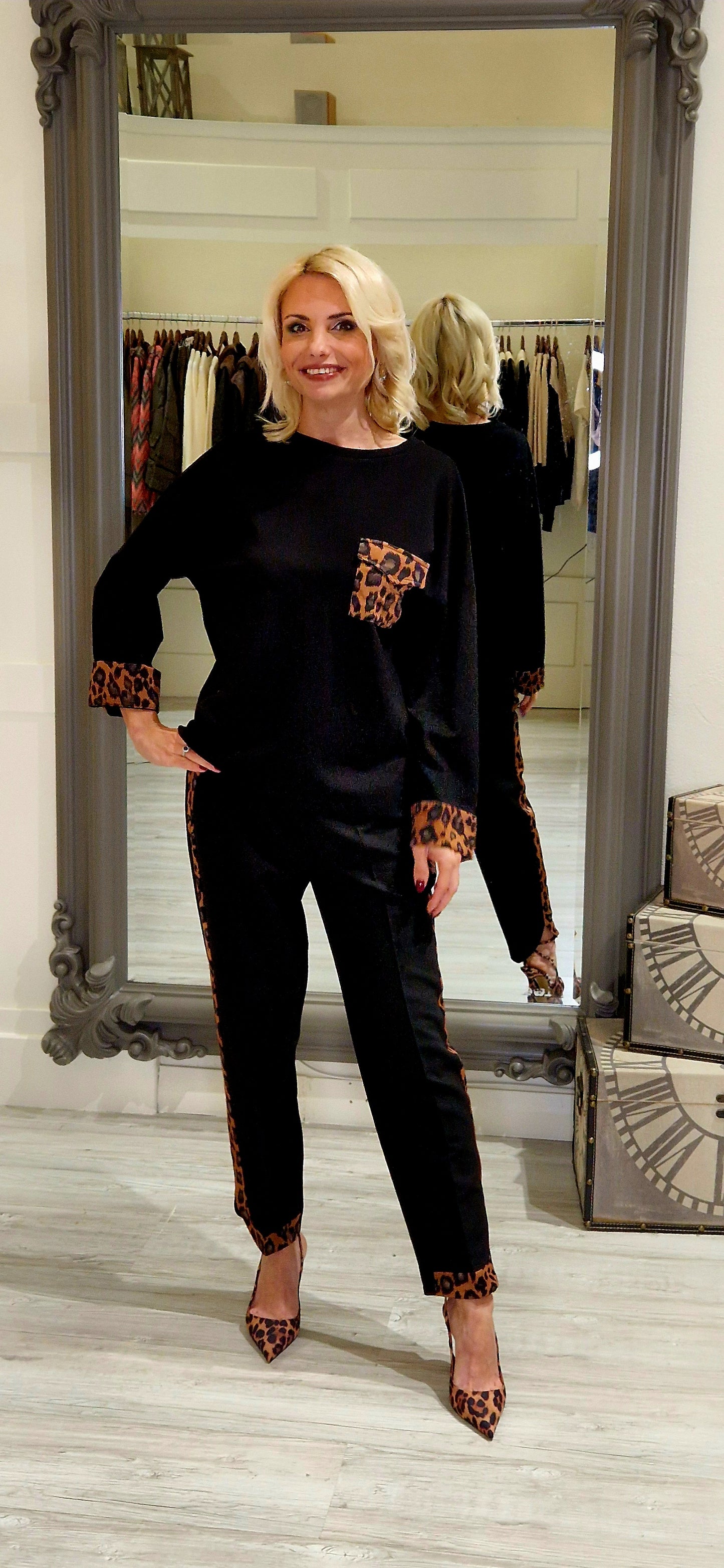 Black Leopard Seam Trousers