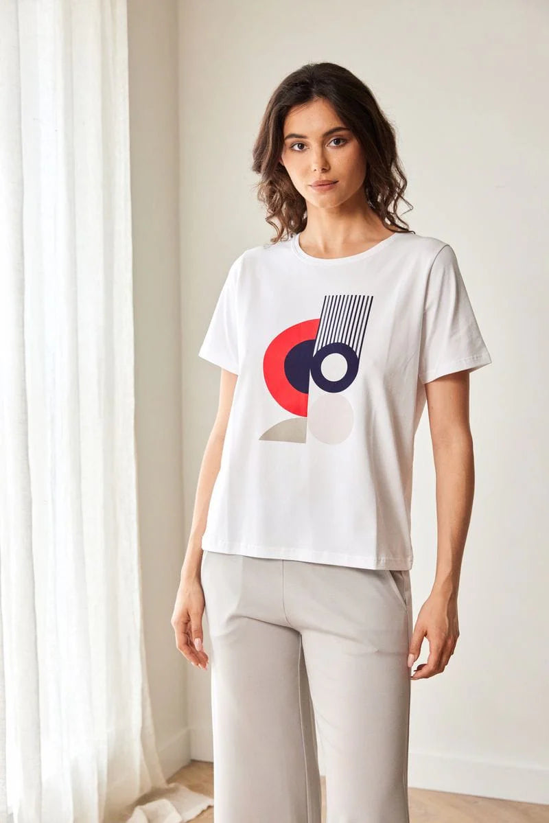 White And Red Circle Print Top