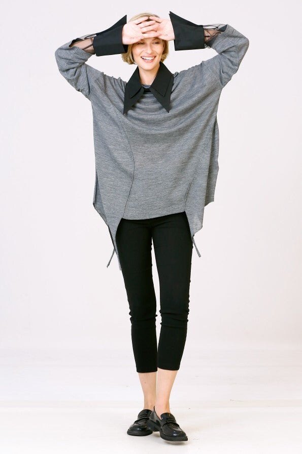 Grey Knit Blouse With Detachable Collar