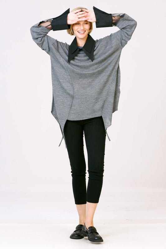Grey Knit Blouse With Detachable Collar