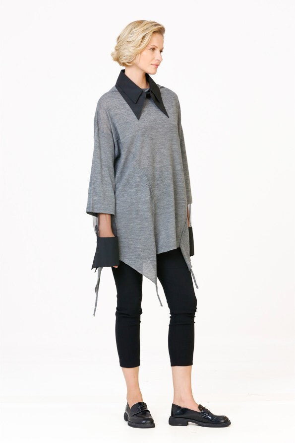 Grey Knit Blouse With Detachable Collar