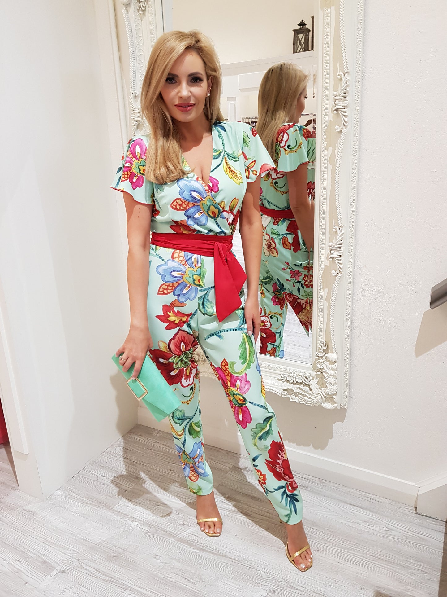 Jumpsuit Verde green /red multi flower