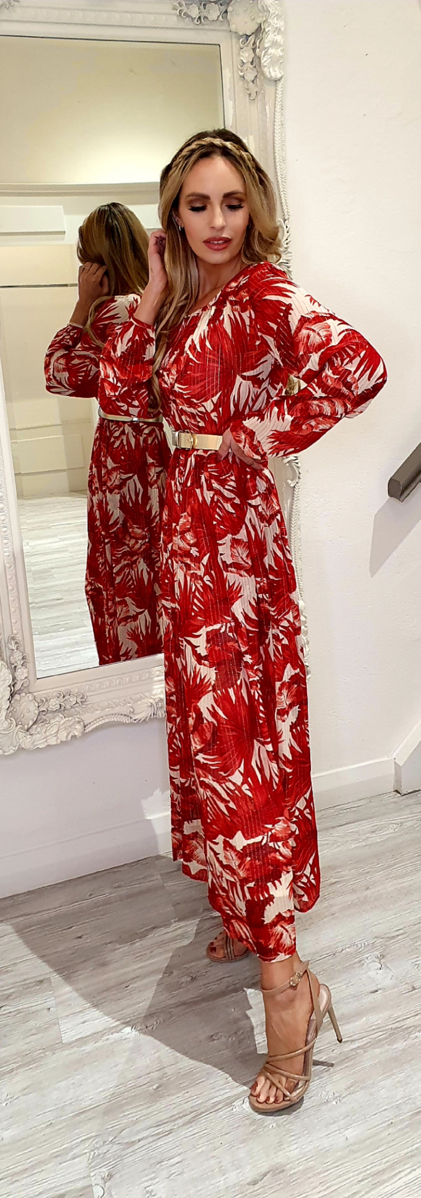 Luciana Flower print Red Cream & Gold Dress