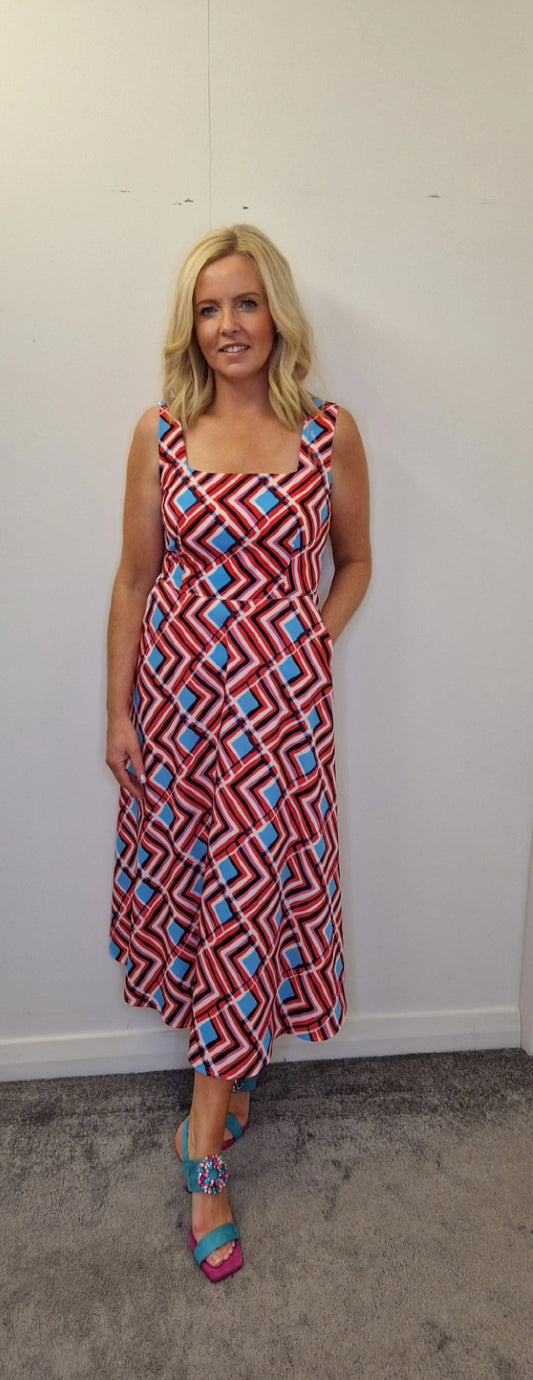 Coral And Aqua Blue Printed Midi Dress