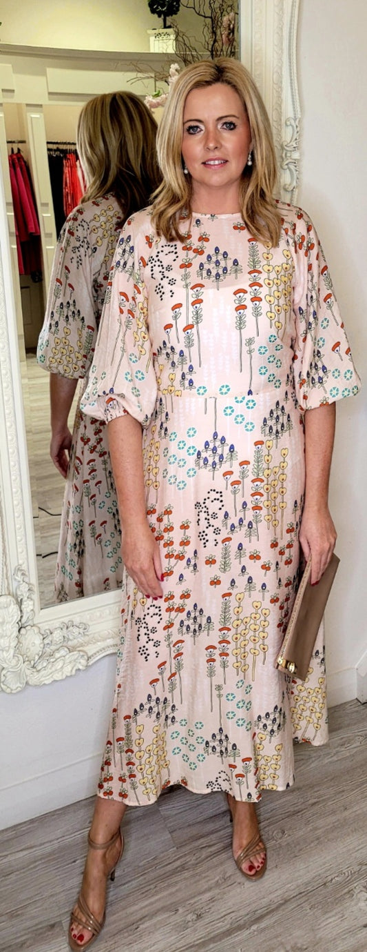Peach Midi Drees With Multi Colour Print