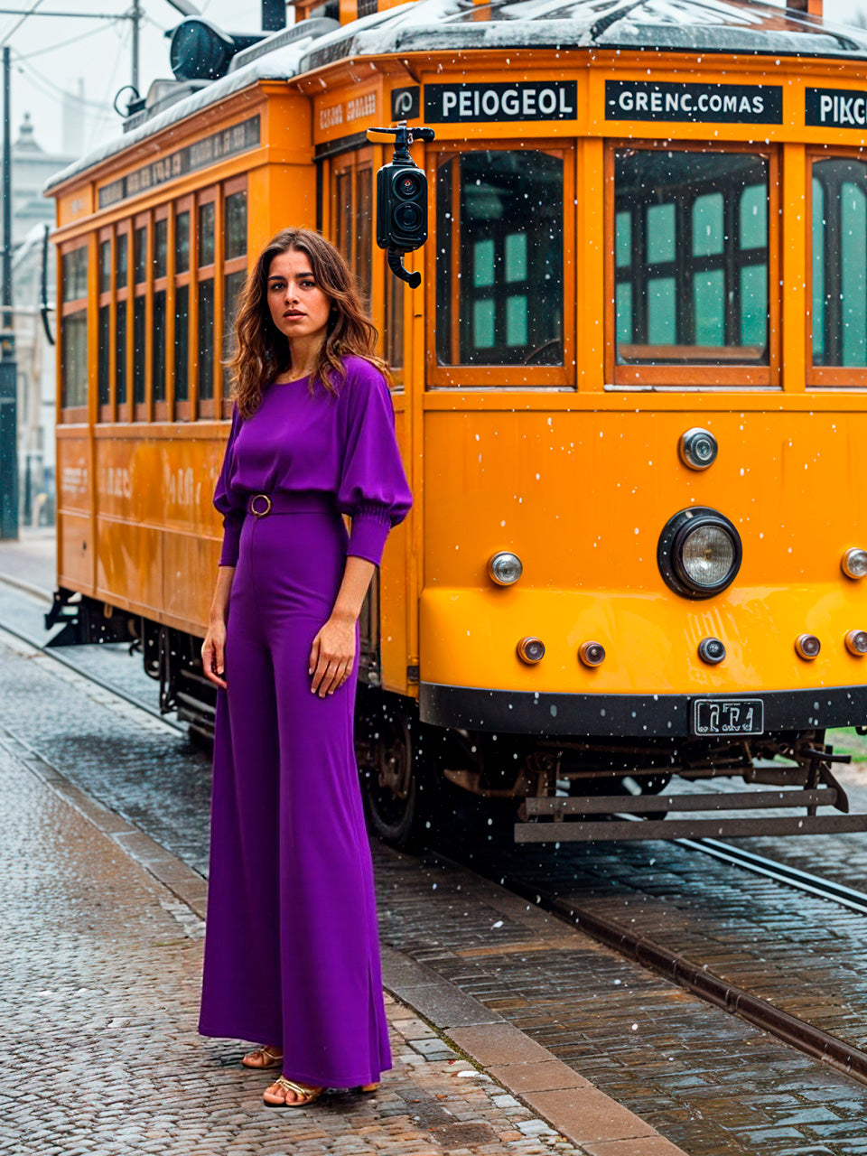Purple Jumpsuit With Gold Brooch Detached Belt