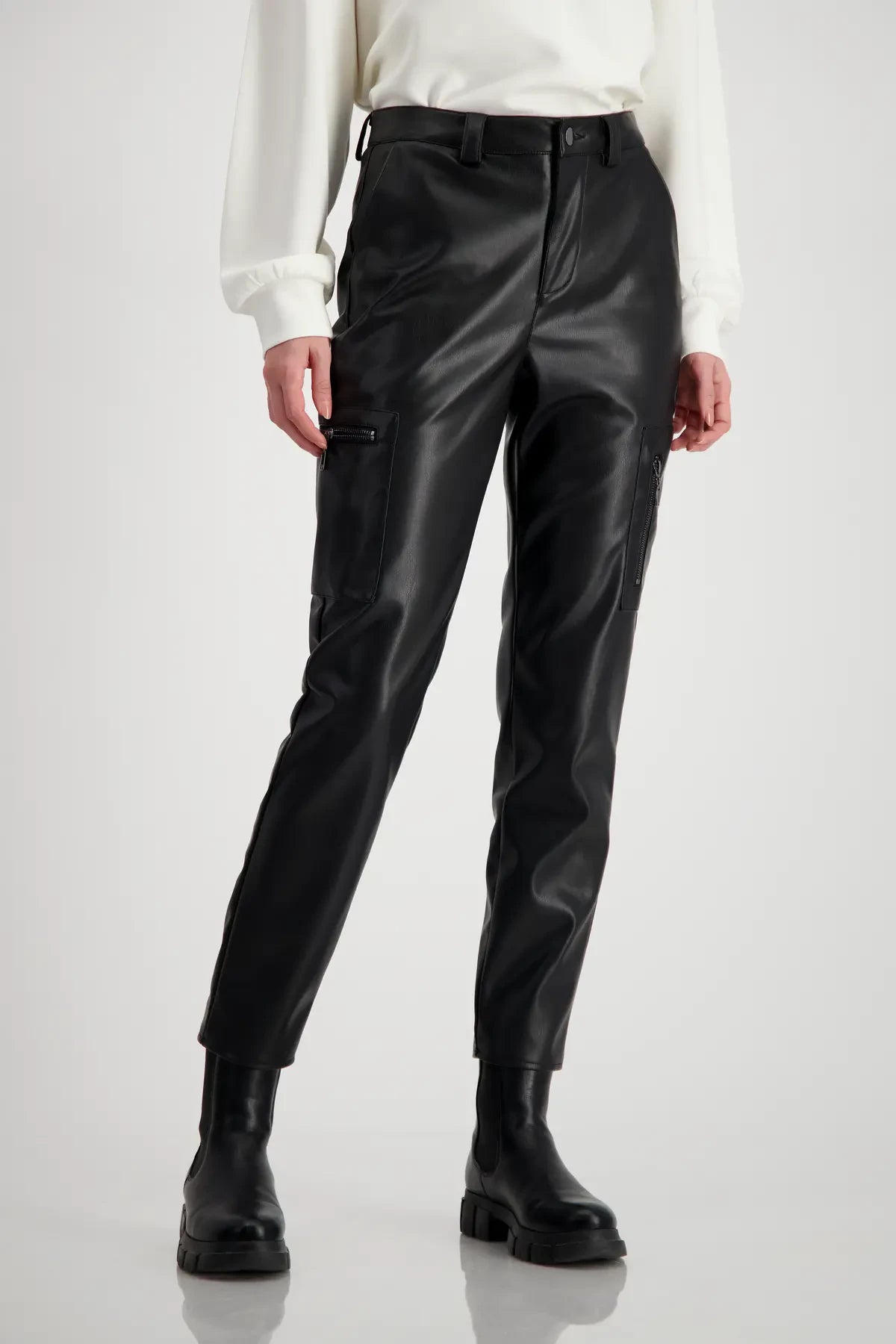 Black Leather Look Cargo Pants