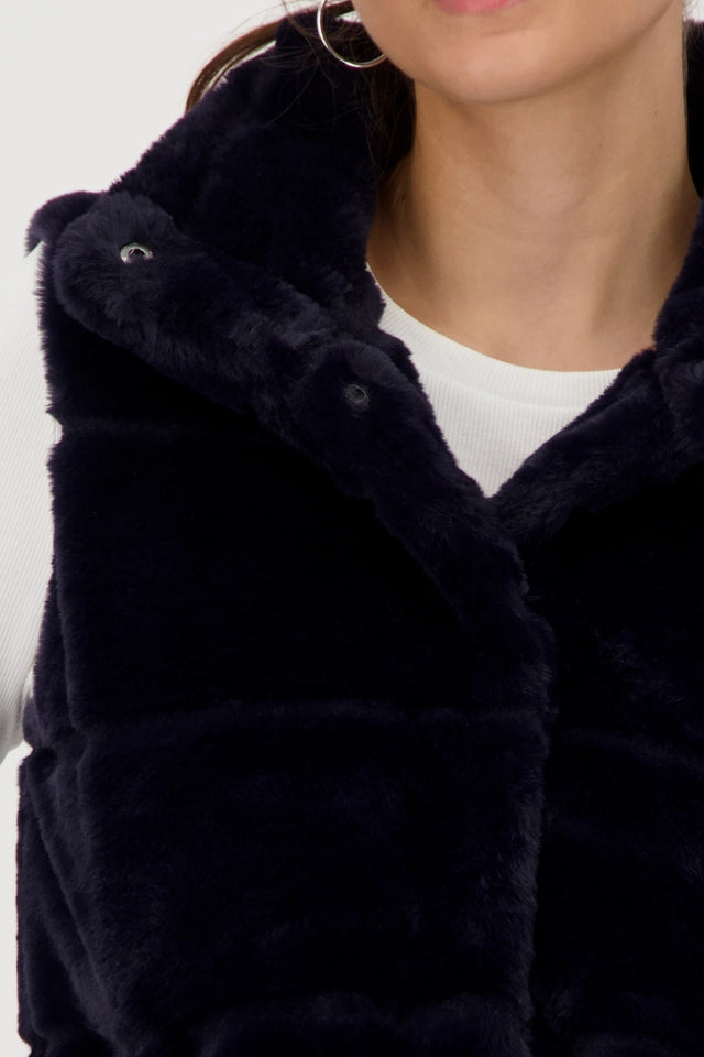 Fur Navy Waistcoat With Stand-up Collar