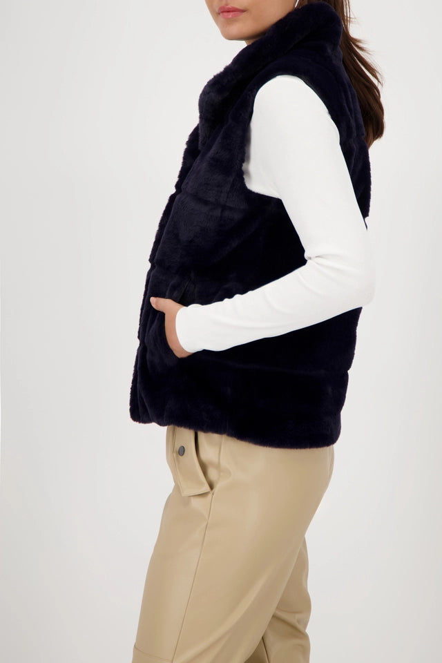 Fur Navy Waistcoat With Stand-up Collar