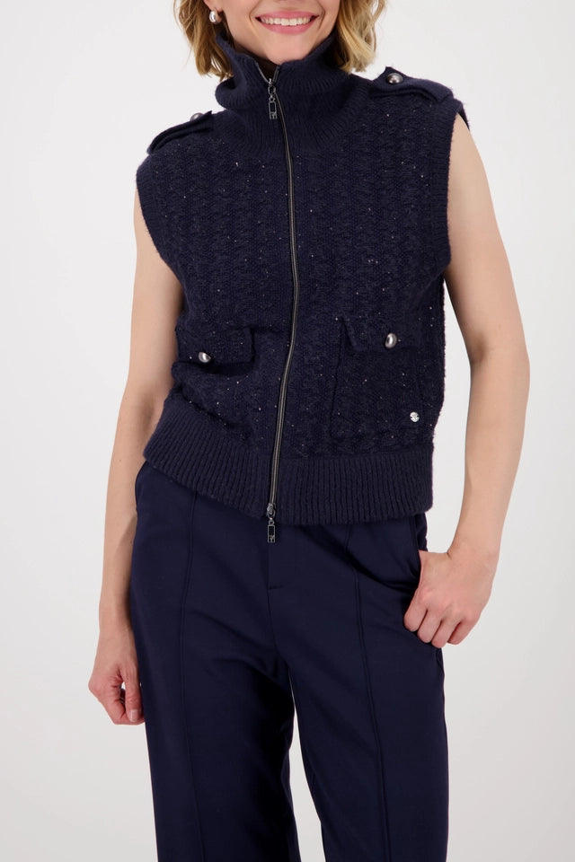Navy Knitted Tweed Waistcoat With Sequins