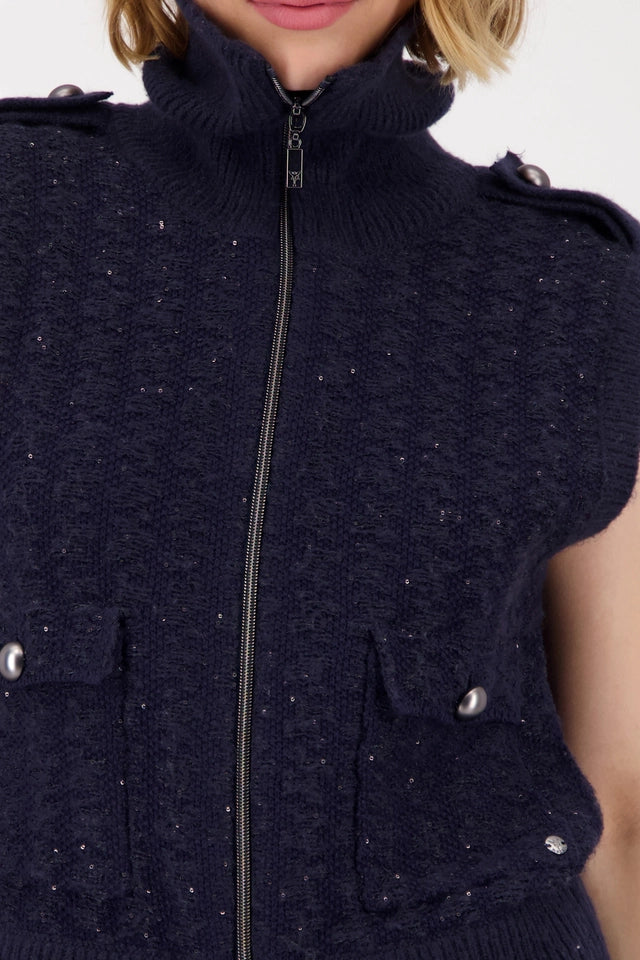 Navy Knitted Tweed Waistcoat With Sequins
