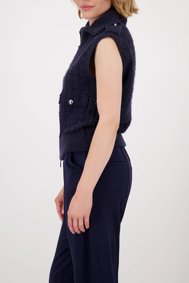 Navy Knitted Tweed Waistcoat With Sequins