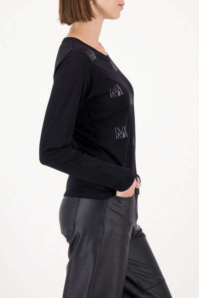Black Long-sleeve shirt with rhinestone pattern