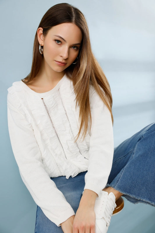 Off White Knitted Sweater with frill detail