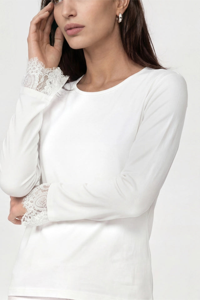 White Long Sleeve Shirt With Lace Trim