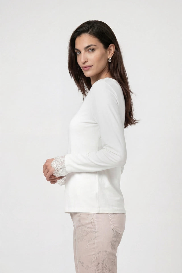 White Long Sleeve Shirt With Lace Trim