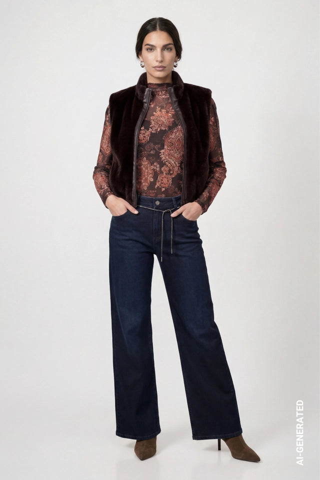Black Coffee Faux Fur With Stand-up Collar Waistcoat