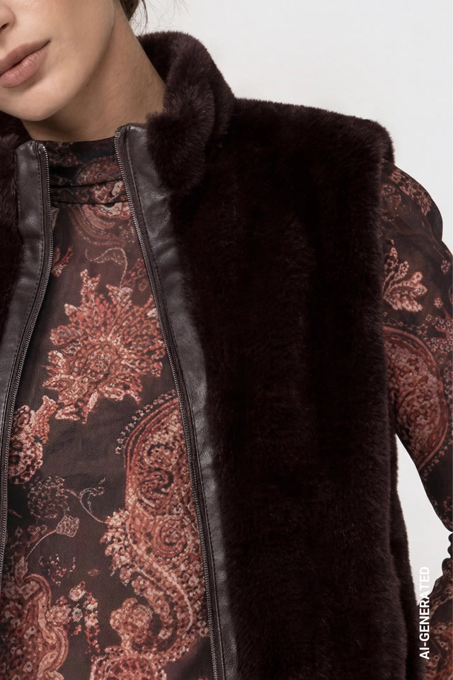Black Coffee Faux Fur With Stand-up Collar Waistcoat