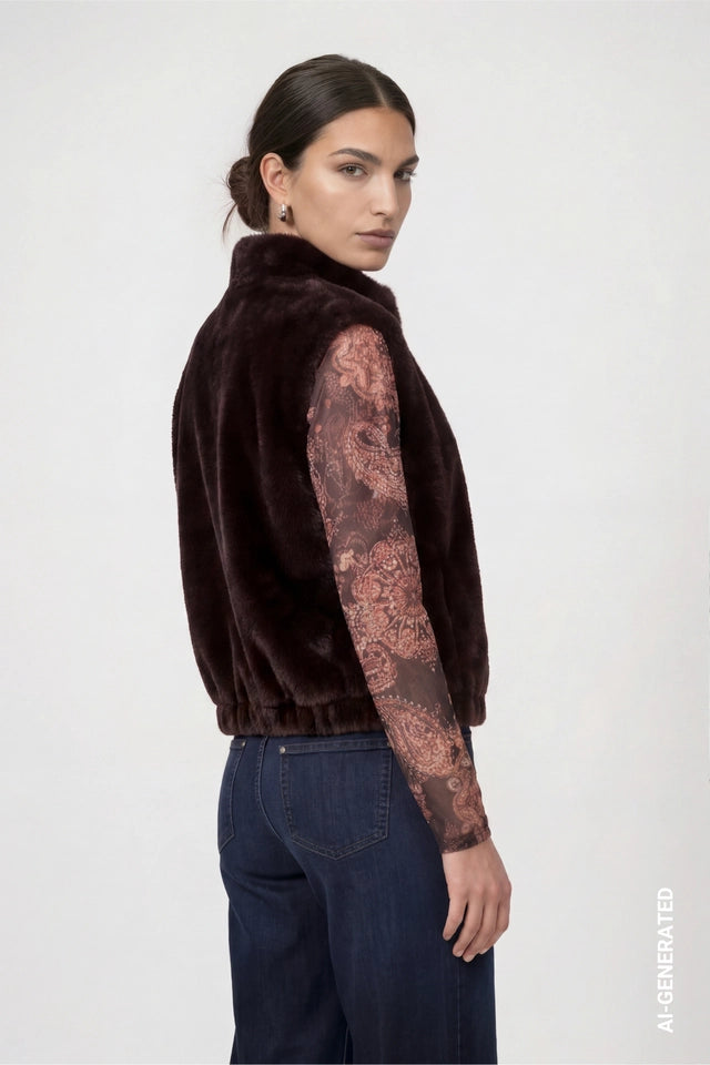 Black Coffee Faux Fur With Stand-up Collar Waistcoat