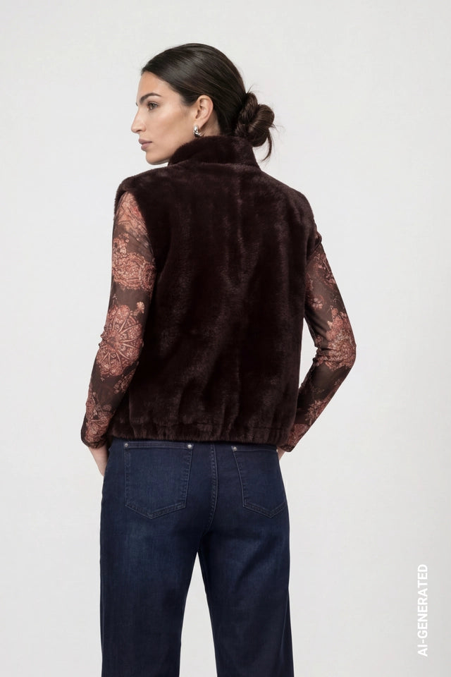 Black Coffee Faux Fur With Stand-up Collar Waistcoat