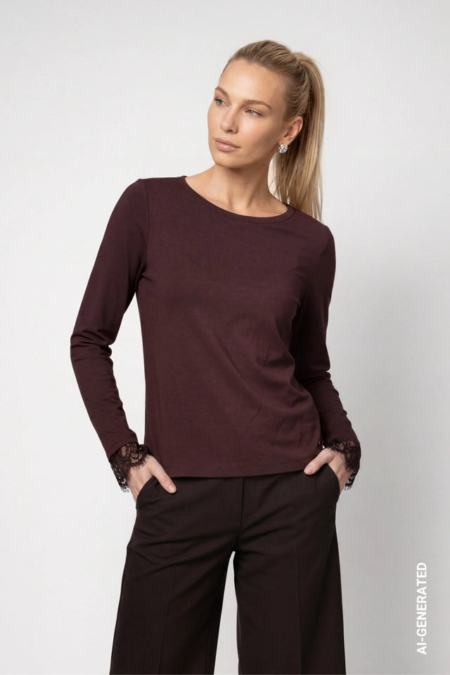 Black Coffee Long Sleeve Top With Lace Trim
