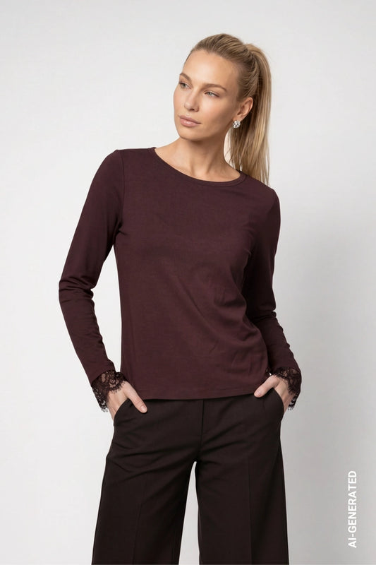 Black Coffee Long Sleeve Top With Lace Trim