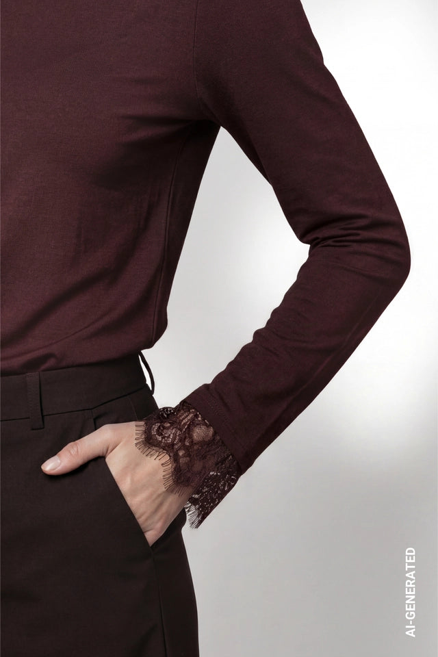 Black Coffee Long Sleeve Top With Lace Trim