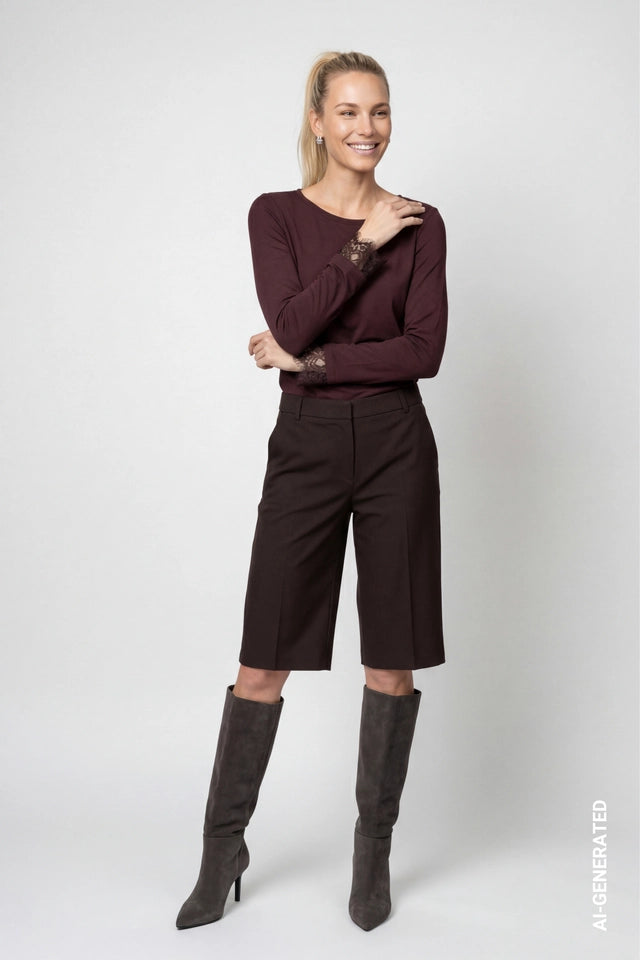Black Coffee Long Sleeve Top With Lace Trim