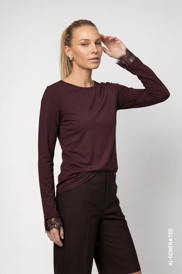 Black Coffee Long Sleeve Top With Lace Trim