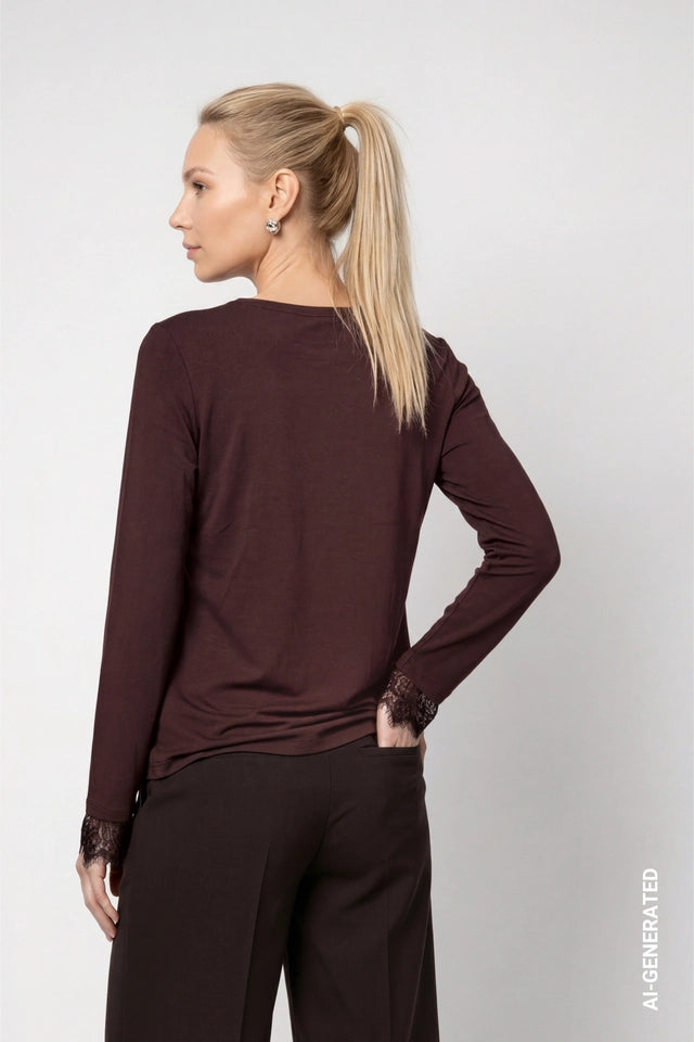 Black Coffee Long Sleeve Top With Lace Trim