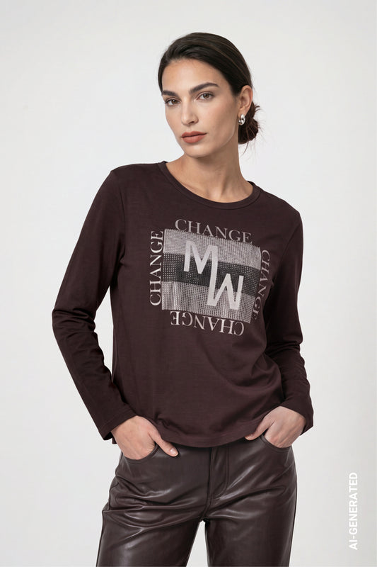 Dark Coffee Long Sleeve Top With Decorative Details