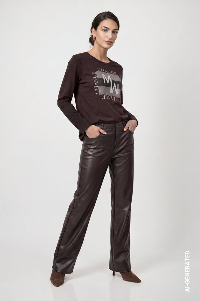 Dark Coffee Long Sleeve Top With Decorative Details