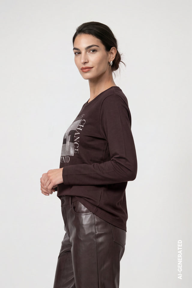 Dark Coffee Long Sleeve Top With Decorative Details