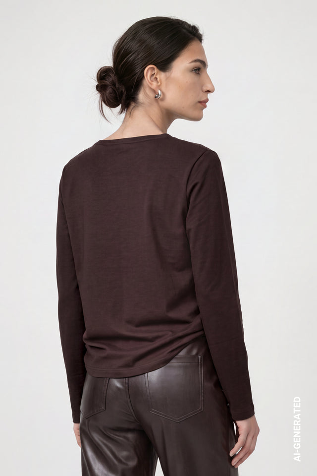 Dark Coffee Long Sleeve Top With Decorative Details