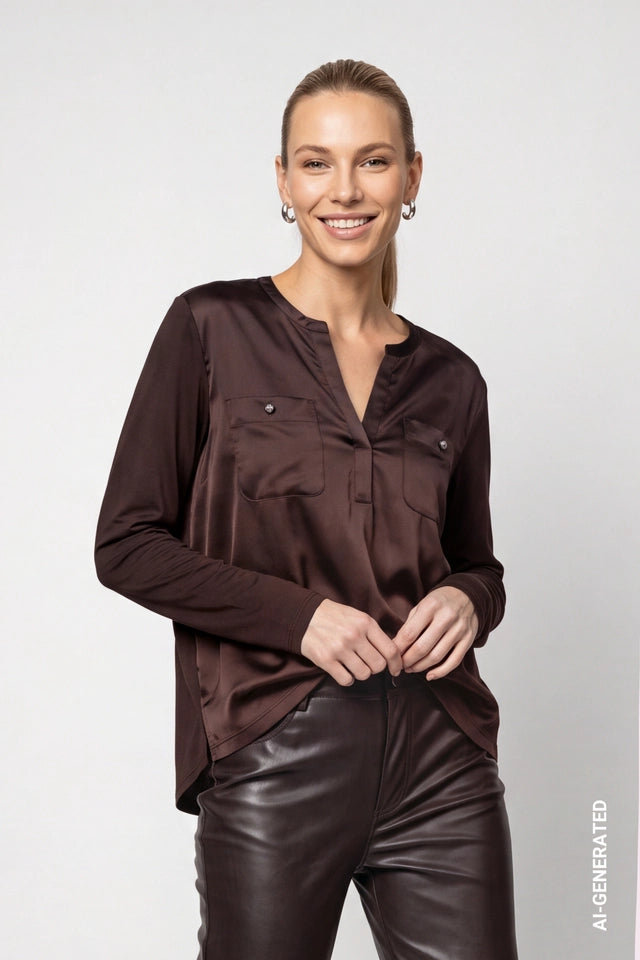 Brown Jersey Blouse With Lace Trim